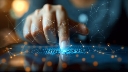 Businessman touching digital fingerprint icon on tablet for biometric verification
