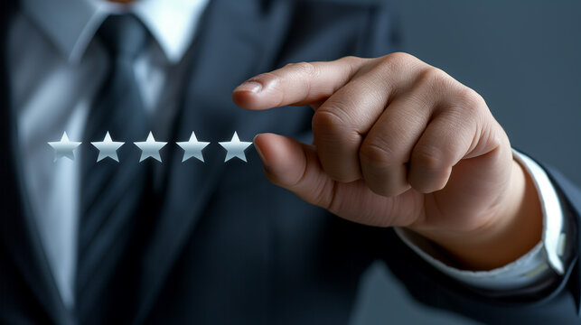Businessman choosing five star rating for customer satisfaction survey