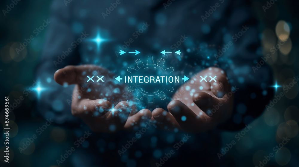 Poster businessman holding integration symbol representing merging of business processes