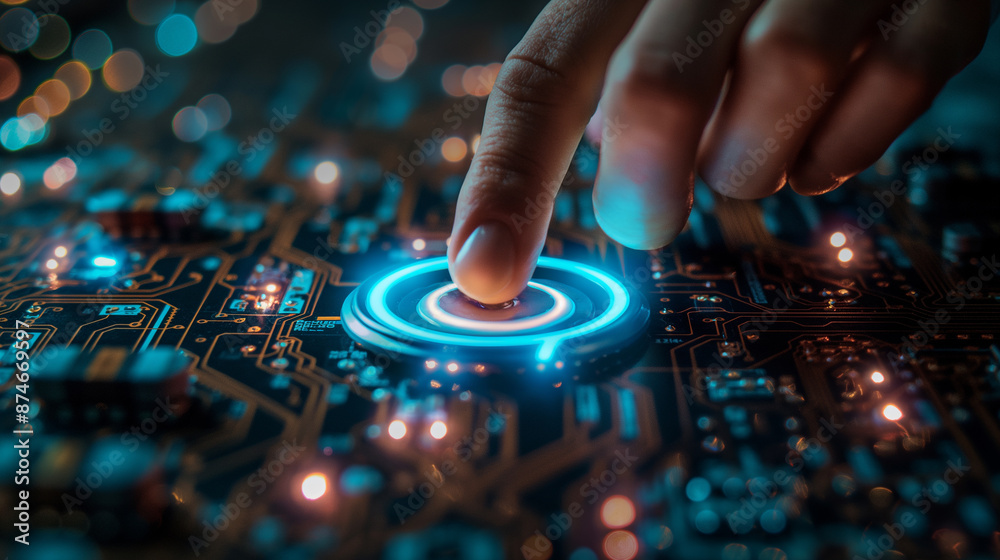 Aufkleber engineer touching power button on futuristic electronic circuit board