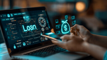 Businesswoman applying for loan using mobile phone app at night
