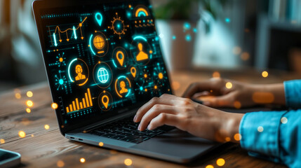 Businesswoman working on laptop with global social network icons