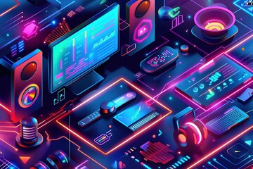 futuristic and modern vector illustration of an isometric computer, surrounded by various digital elements like graphs