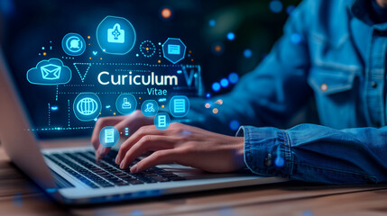 Recruiter searching online cv using laptop and hologram