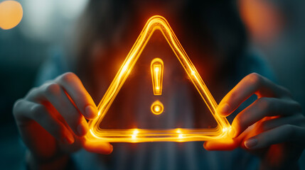 Woman holding a luminous triangle warning sign with exclamation mark