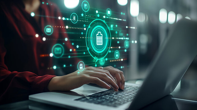 Businesswoman working on laptop using document management system