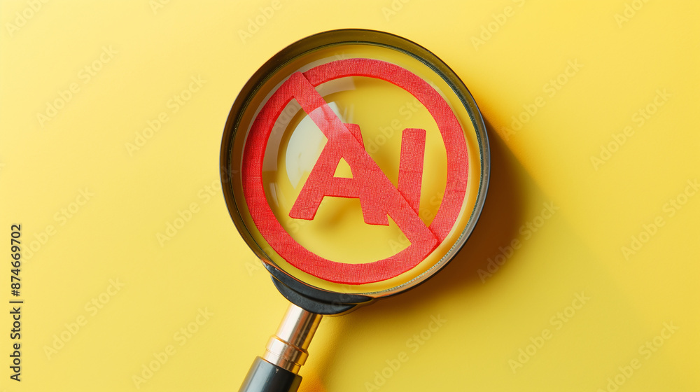 Poster magnifying glass showing forbidden artificial intelligence symbol on yellow background