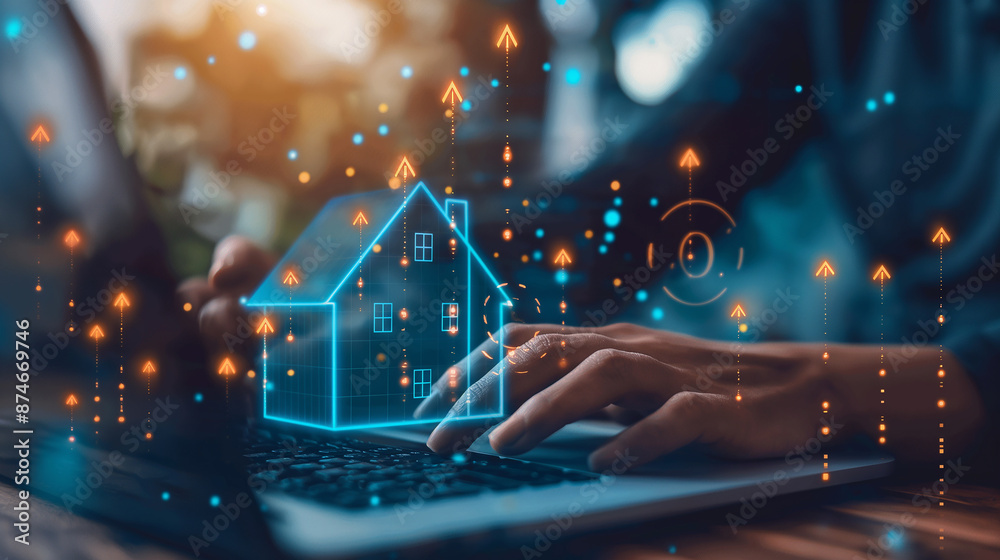 Poster businessman managing property value using laptop with hologram