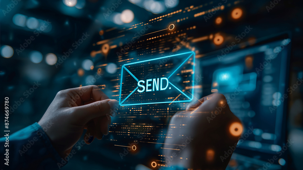 Poster Programmer sending email using futuristic hologram technology
