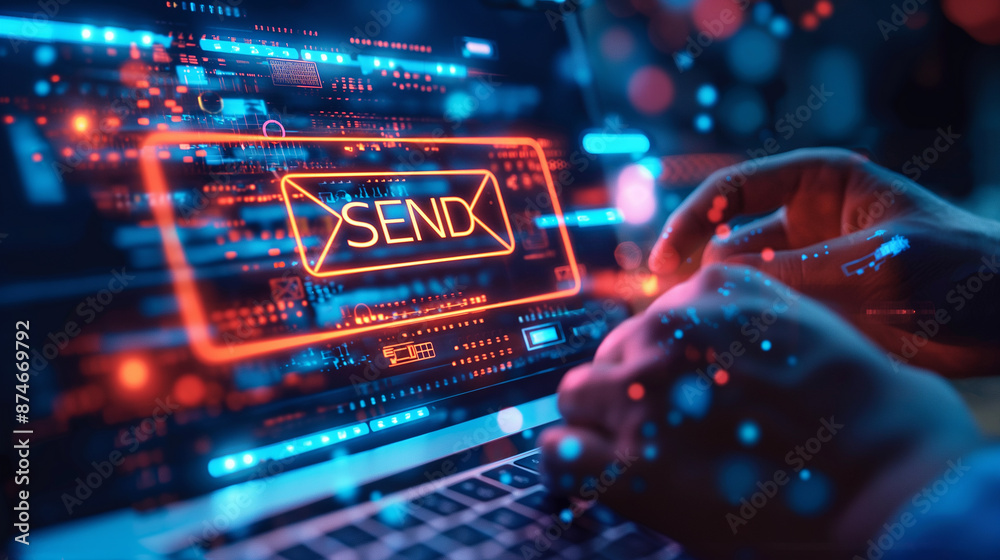 Aufkleber Programmer sending email from laptop with futuristic interface