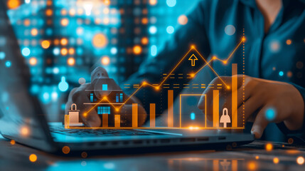 Businessman analyzing real estate market growth on laptop with hologram