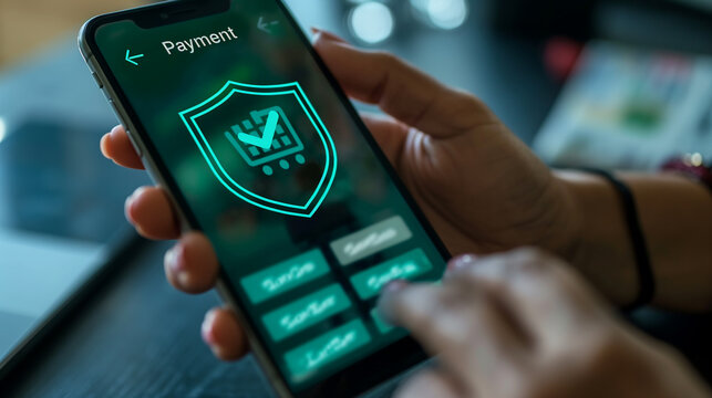 Woman holding smartphone making secure online payment