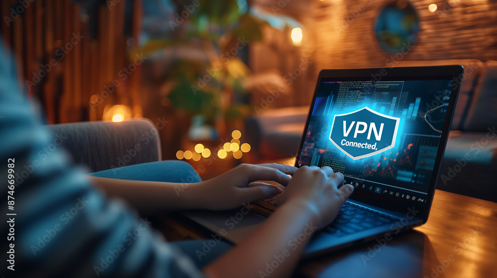 Poster woman using laptop with vpn connection at home for online privacy and security