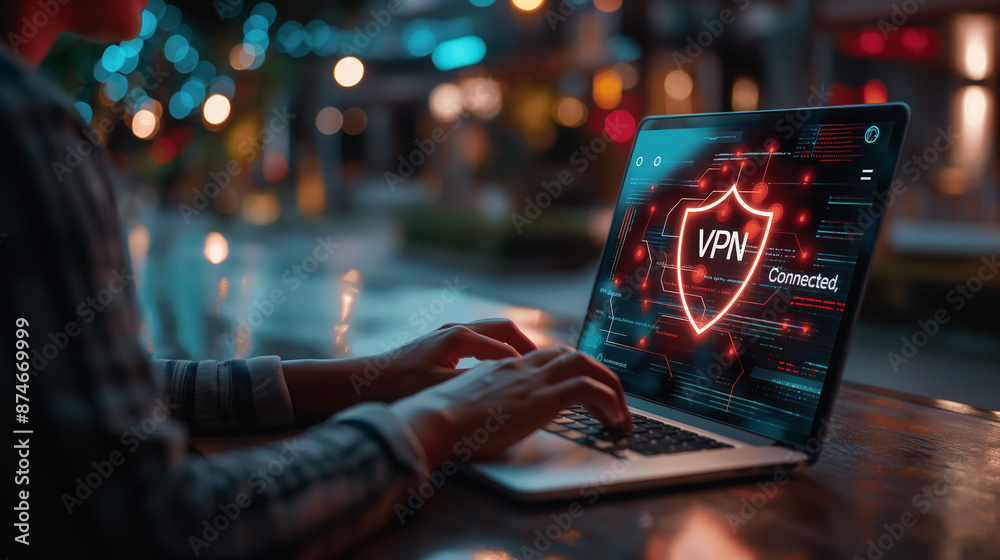 Aufkleber Programmer connecting to virtual private network using laptop at night