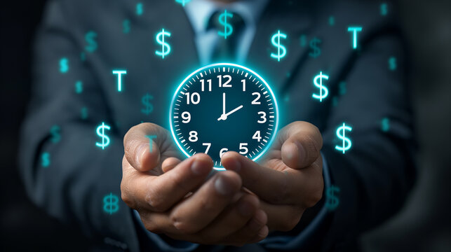 Businessman holding clock surrounded by digital dollar signs - Powered by Adobe