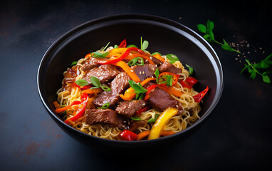 Fototapeta premium Stir-fried noodles with beef and vegetables on black background.