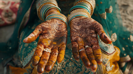 Close-up of hands adorned with intricate mehendi (henna) designs, with copy space