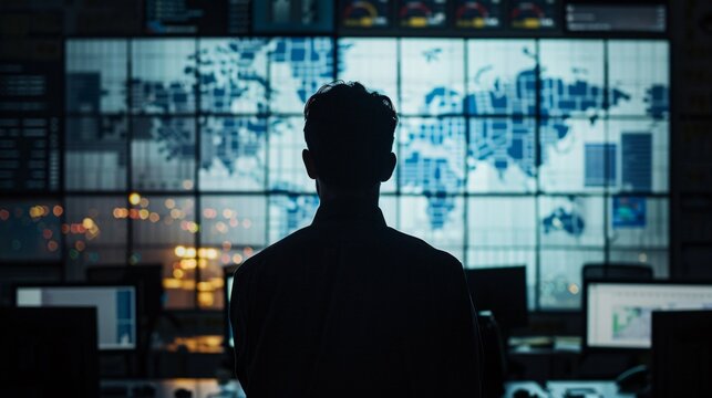 Silhouette of a man reviewing logistics plans in a modern office with maps and data charts displayed