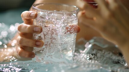A person holding a glass of cold water taking quick sips in between dips in the ice water during a cold water therapy session.