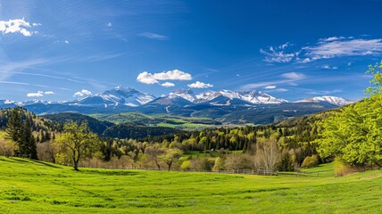 Fototapeta premium Stunning Spring Landscape Featuring Lush Green Meadows and Majestic Mountains Under a Clear Blue Sky. Panoramic View of the Vibrant Natural Scenery, Perfect for Outdoor and Travel Themes