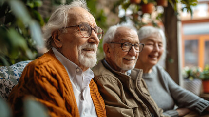 Portrait of elderly people sharing stories or engaging in traditional activities with copy space