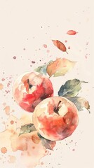 Watercolor painting of apples and autumn leaves on a splattered background. Concept of fruit, fall season, artistic expression. Copy space. Vertical