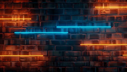 A wall of bricks with glowing blue and orange neon lines, creating an abstract background texture