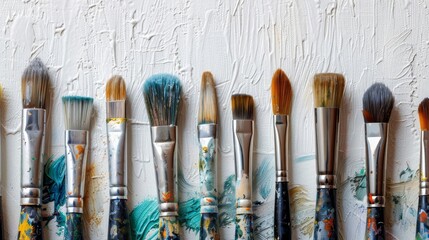 Obraz premium A neatly arranged set of artists brushes on a stark white canvas