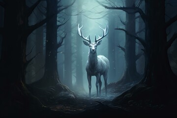 Digital art of a white stag illuminated in a mystical moonlit forest