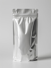 Minimalistic white glossy plastic shopping bag with handles, placed on a clean white background, emphasizing simplicity and modern design.