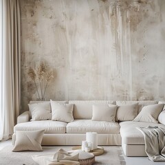 white sofa in a room in front of the empty wall