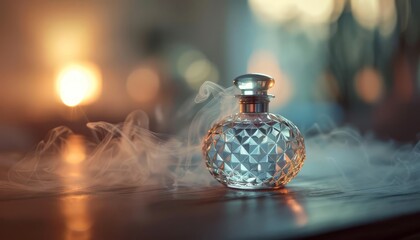 A simple glass perfume bottle with a gentle mist surrounding it