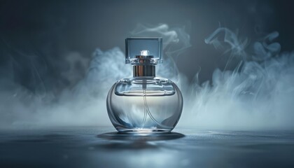 A simple glass perfume bottle with a gentle mist surrounding it