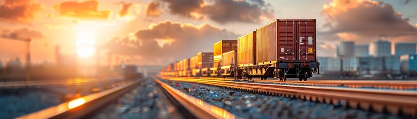 Obraz premium A freight train carrying cargo containers travels on railroad tracks under a sunset sky.