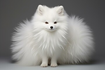 Fototapeta premium Portrait of a fluffy white pomeranian with a lush coat posing on a neutral grey background