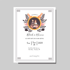 simple wedding invitation card with cute chibi couple