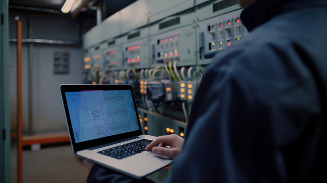 close up detail of electrician holding a laptop in front of electrical panel box