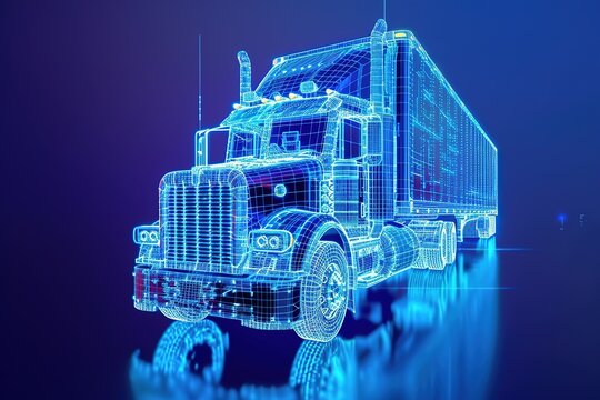 blue hologram wireframe of truck trailer, dark blue background, high resolution