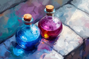 Laboratory bottles with vibrant blue and purple liquids, whimsical illustration, modern design, educational and creative, detailed and engaging.