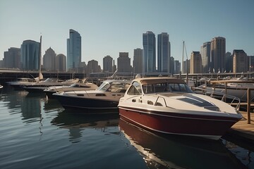 Recreational boats and yachts docked near a city waterfront