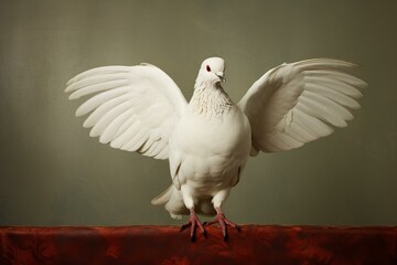Obraz premium Serene white dove with outstretched wings poised on a vintage backdrop, symbolizing peace