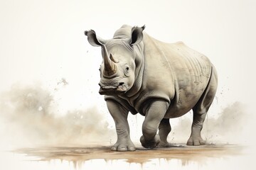 Obraz premium Digital painting of a rhino with a dynamic dusty backdrop, evoking a sense of power and grace