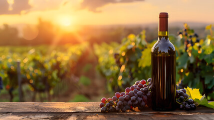 Red wine and its bottle on a wooden table, against a backdrop of blurred sunset vineyard and grape vines.