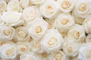 Obraz premium Beautiful blooming white roses background with delicate floral pattern and pure elegance for wedding wallpaper, seamless design, and romantic bouquet