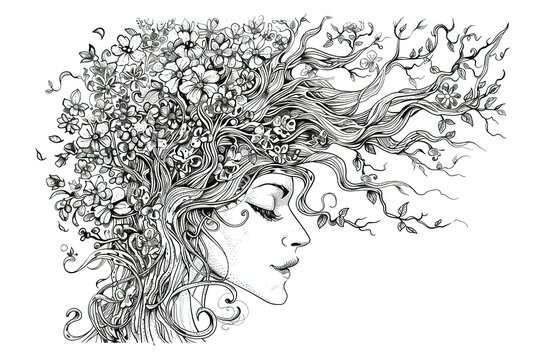 Black and white vector line drawing of an old tree with flowers, leaves, and vines in the shape of a woman's face with long hair. Isolated 