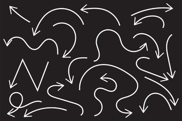 Arrow vector hand drawn sketch icon set. Doodle sketch hand drawn direction element set. Pencil doodle flat line design cartoon elements. Scribble swirl arrow sign. Vector illustration.