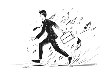 A man in a suit is running with a briefcase in his hand