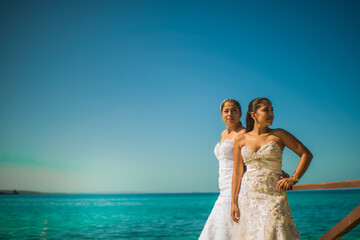 pareja casada con sus vestidos de novias en la playa a orillas del mar 