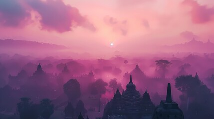 Obraz premium A breathtaking aerial view of ancient temples shrouded in mist at sunrise, bathed in a pink and purple glow