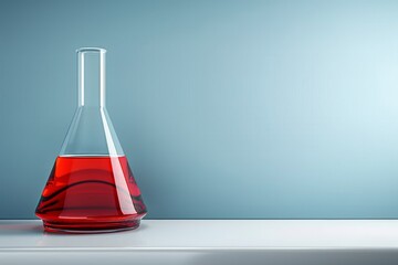 Laboratory flask with red liquid on a clean background, vibrant photography, modern design, educational and creative.